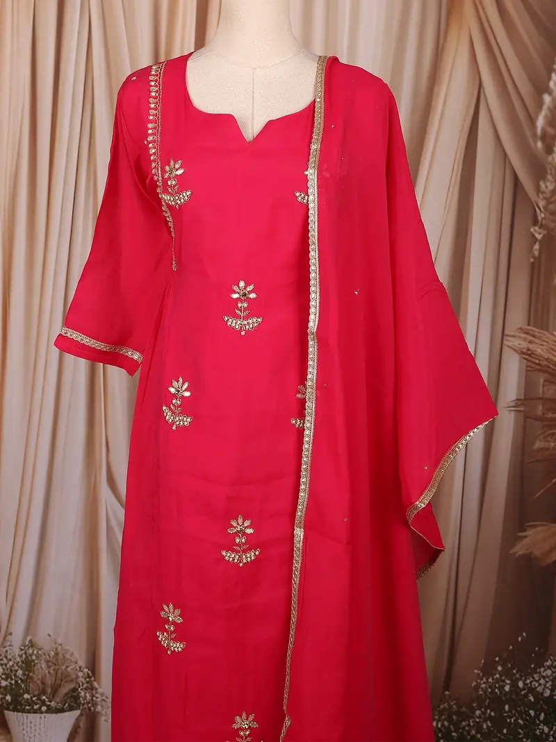 Rani Pink Floral Beads Embroidered Cotton Salwar With Dupatta 2