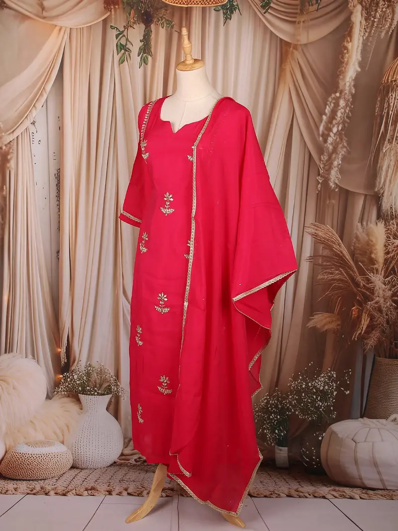 Rani Pink Floral Beads Embroidered Cotton Salwar With Dupatta 3