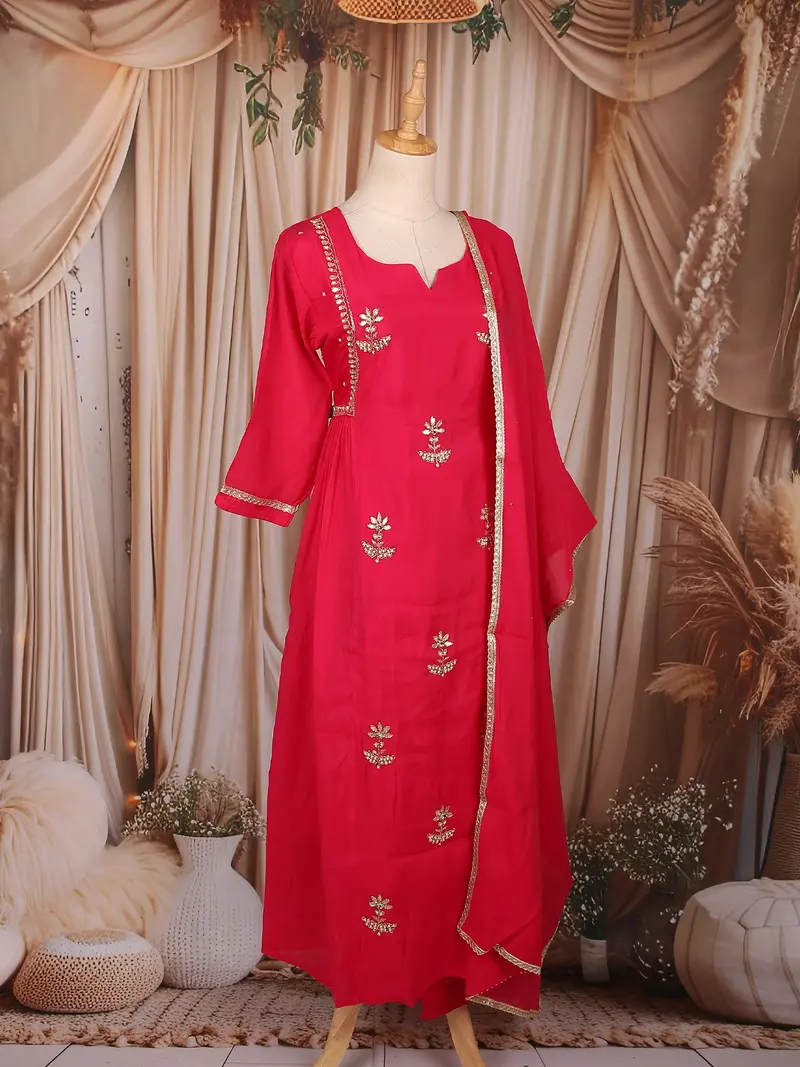 Rani Pink Floral Beads Embroidered Cotton Salwar With Dupatta 4
