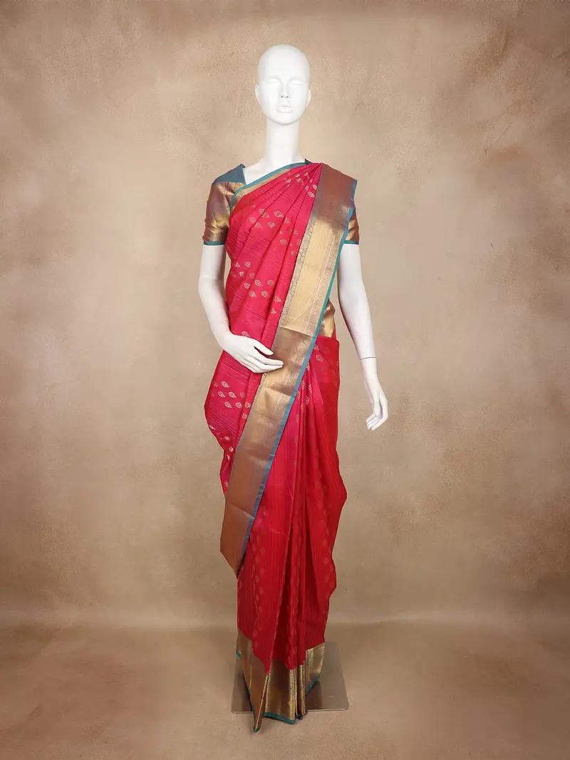 Rani Pink Floral Butta And Stripes Woven Kanchipuram Silk Saree 1