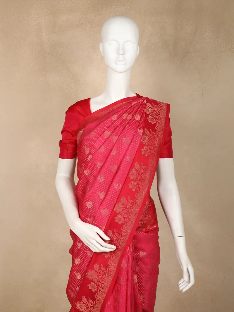 Rani Pink Floral Butta And Stripes Woven Kanchipuram Silk Saree With Floral Zari Border 2