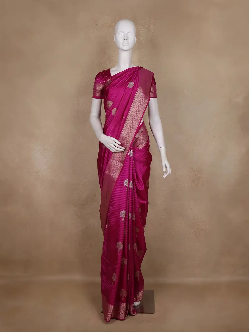 Rani Pink Floral Butta Woven Design Semi Banarasi Saree With Zari Border 1
