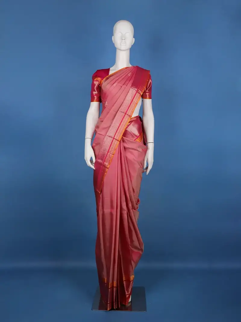 Rani Pink Floral Design Zari Border Silk Saree 1