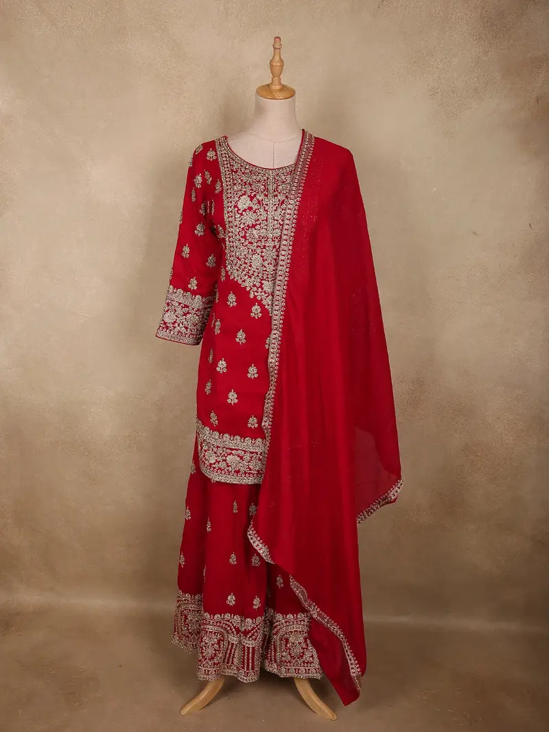 Rani Pink Floral Embroidered And Stone Embellished Design Georgette Palazzo Suit With Dupatta 1