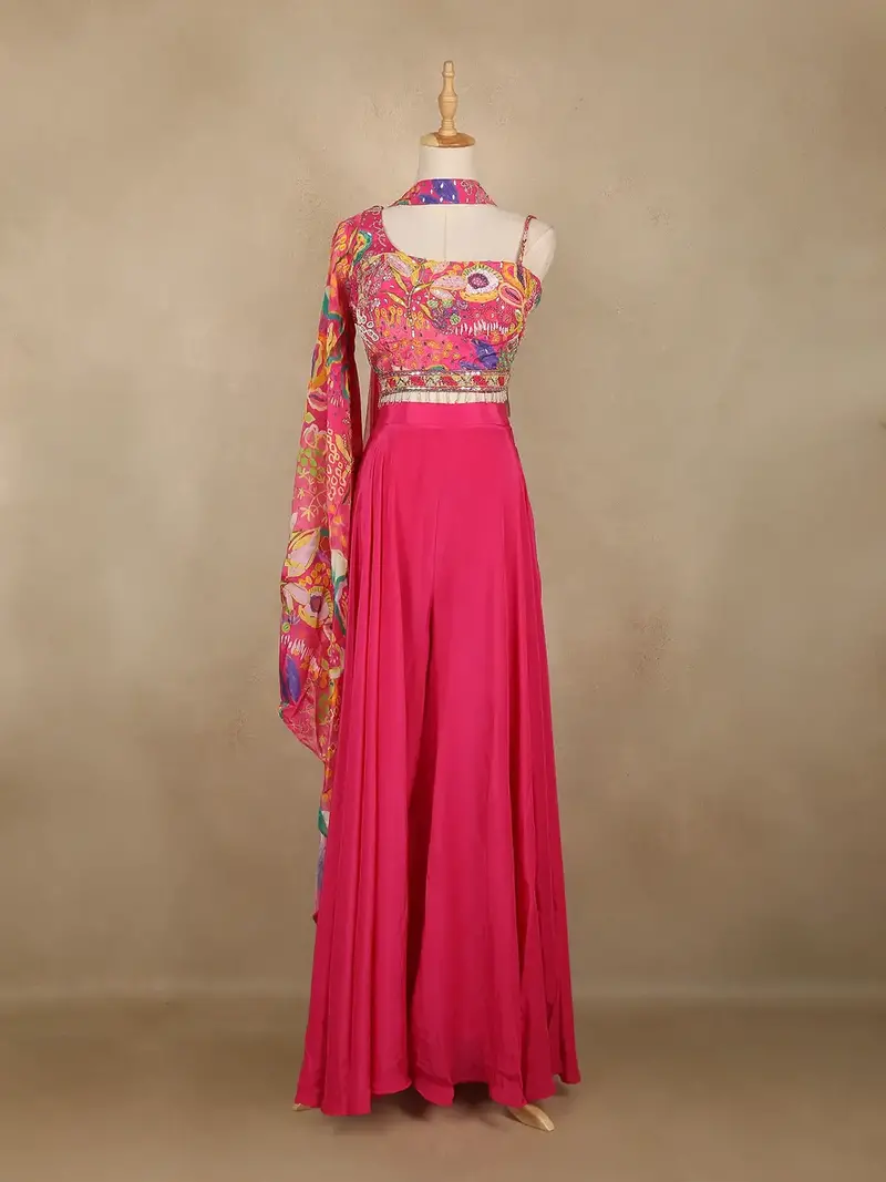 Rani Pink Floral Embroidered Design Synthetic Palazzo Suit With Dupatta 1