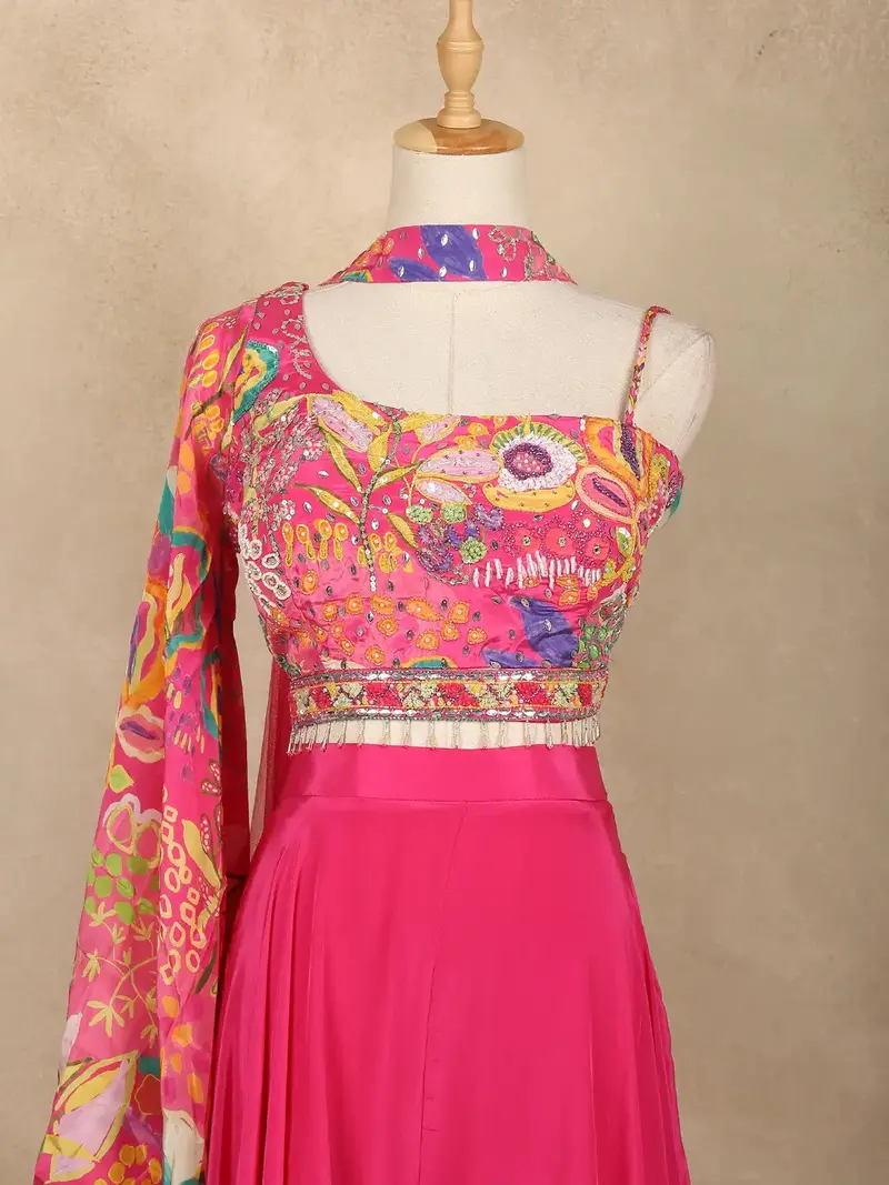 Rani Pink Floral Embroidered Design Synthetic Palazzo Suit With Dupatta 2