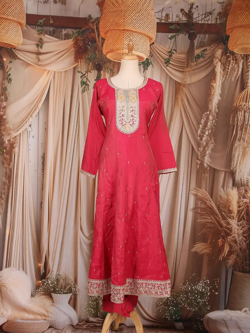 Rani Pink Floral Embroidered Silk Cotton Salwar Suit 1