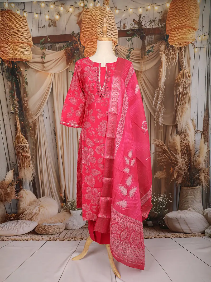 Rani Pink Floral Printed Cotton Salwar Suit With Mirror Work Yoke And Dupatta 1