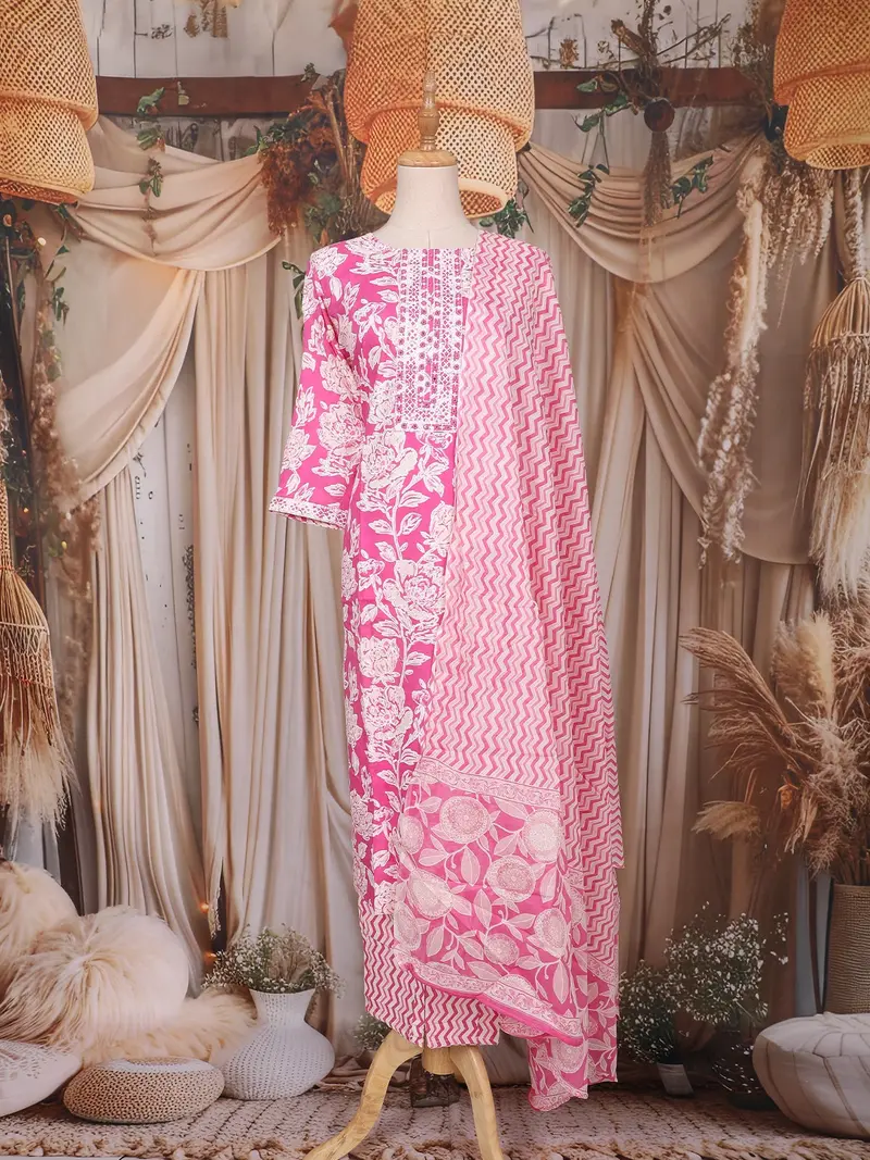 Rani Pink Floral Printed Design Cotton Salwar Suit 1