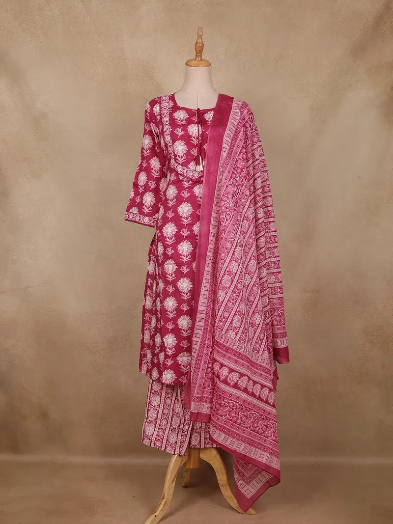 Rani Pink Floral Printed Design Cotton Straight Cut Salwar 1