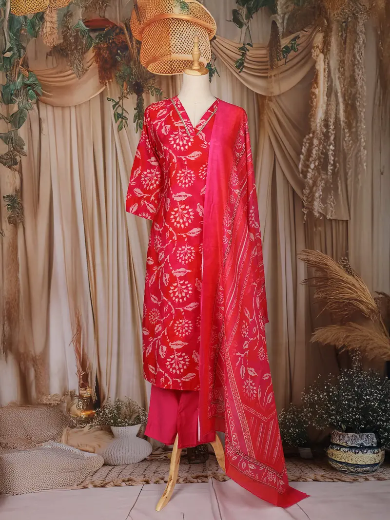 Rani Pink Floral Printed Design Cotton Straight Cut Salwar Suit 1
