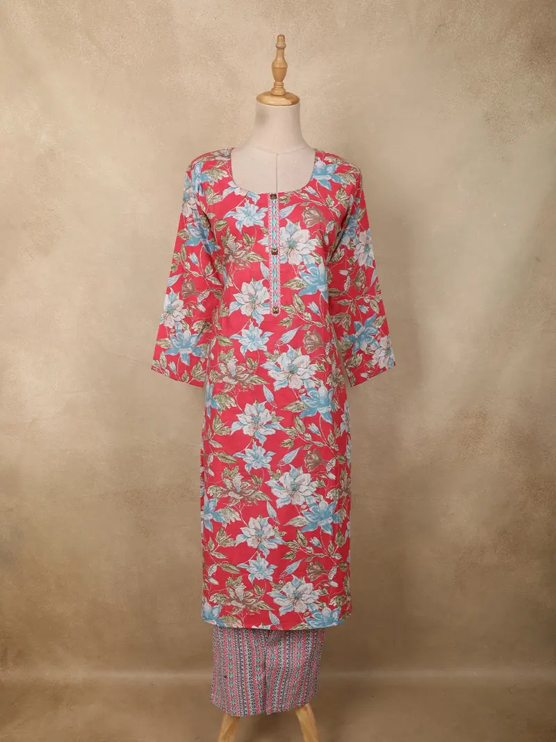 Rani Pink Floral Printed Design Cotton Straight Cut Salwar Suit 1