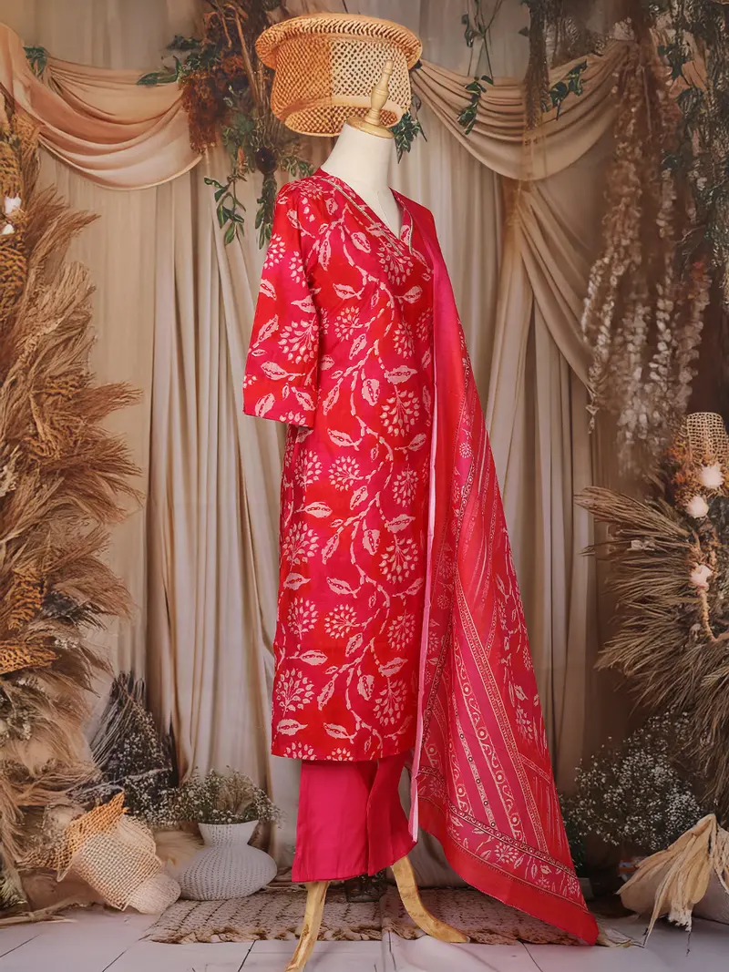 Rani Pink Floral Printed Design Cotton Straight Cut Salwar Suit 4