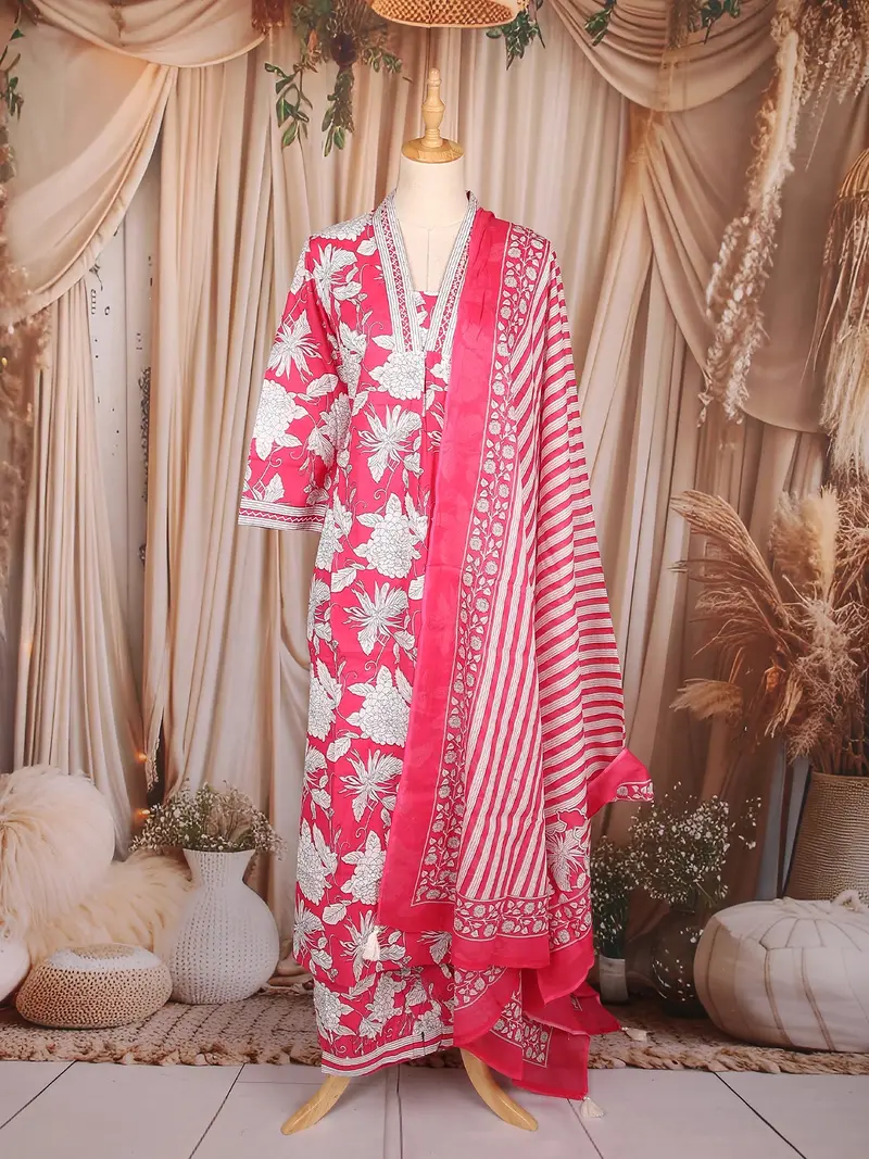Rani Pink Floral Printed Design Cotton Straight Cut Salwar Suit With Striped Dupatta 1