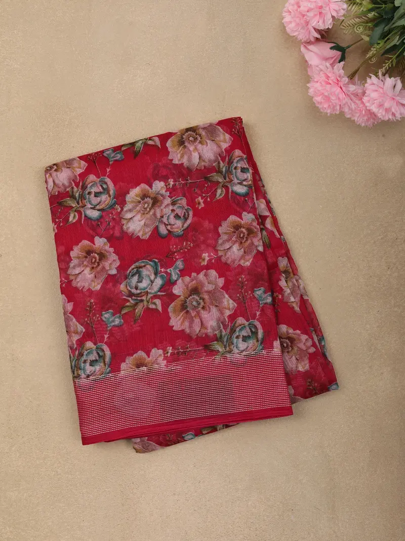 Rani Pink Floral Printed Design Mixed Cotton Casual Wear Saree 1
