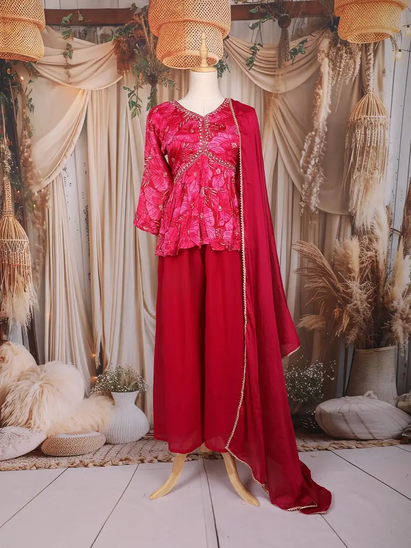 Rani Pink Floral Printed Design Peplum Palazzo Suit With Dupatta 1