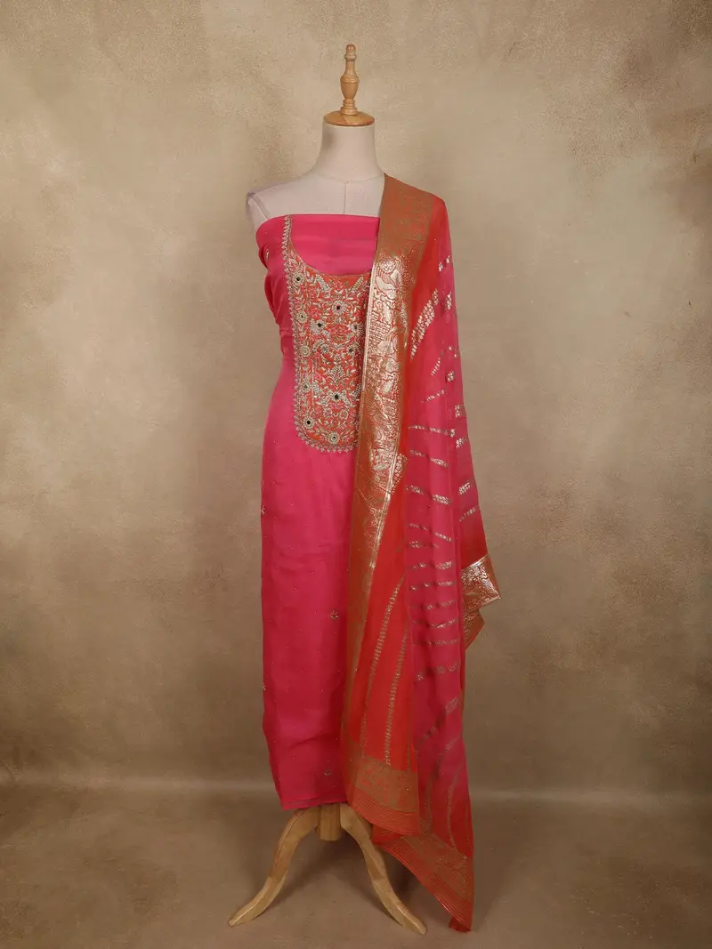 Rani Pink Floral Sequins And Zardozi Embroidered Design Tissue Unstitched Salwar Material With Dupatta 1