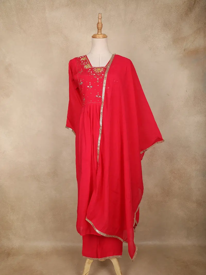 Rani Pink Floral Sequins Embroidered Cotton Salwar Suit With Dupatta 1