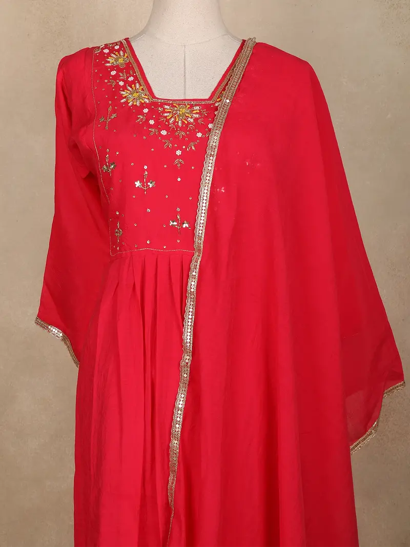 Rani Pink Floral Sequins Embroidered Cotton Salwar Suit With Dupatta 2