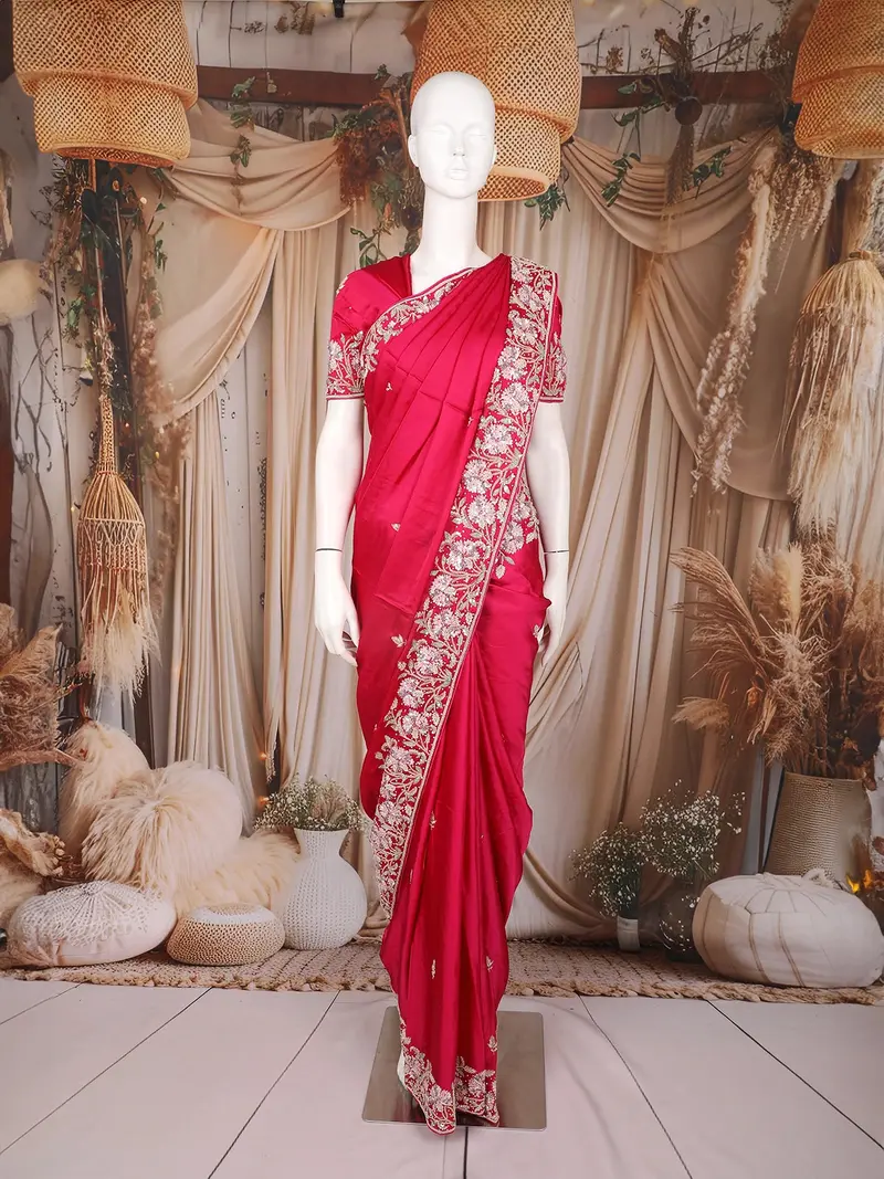Rani Pink Floral Sequins Embroidered Satin Saree 1
