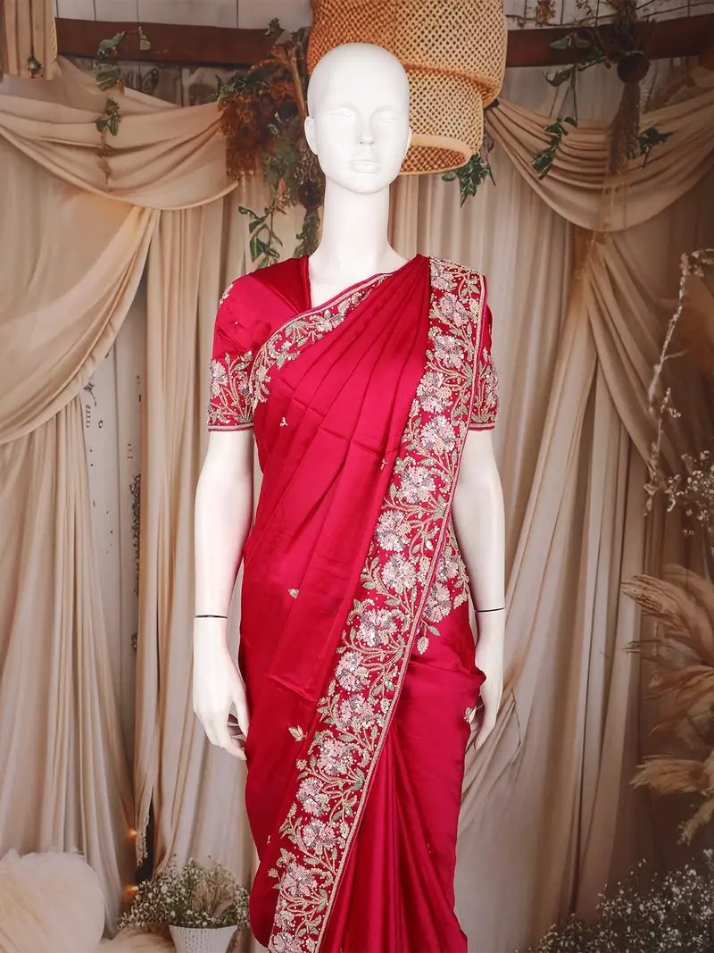 Rani Pink Floral Sequins Embroidered Satin Saree 2
