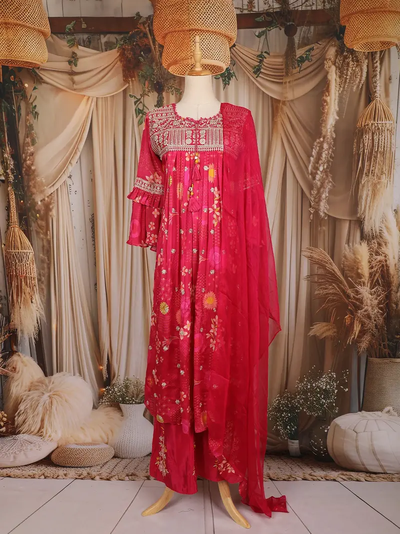 Rani Pink Floral Thread Embroidered Design Chiffon Palazzo Suit 1