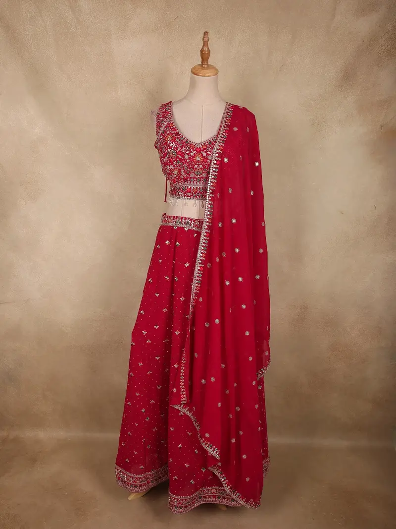 Rani Pink Floral Thread Embroidered Design Georgette Lehenga With Dupatta 1