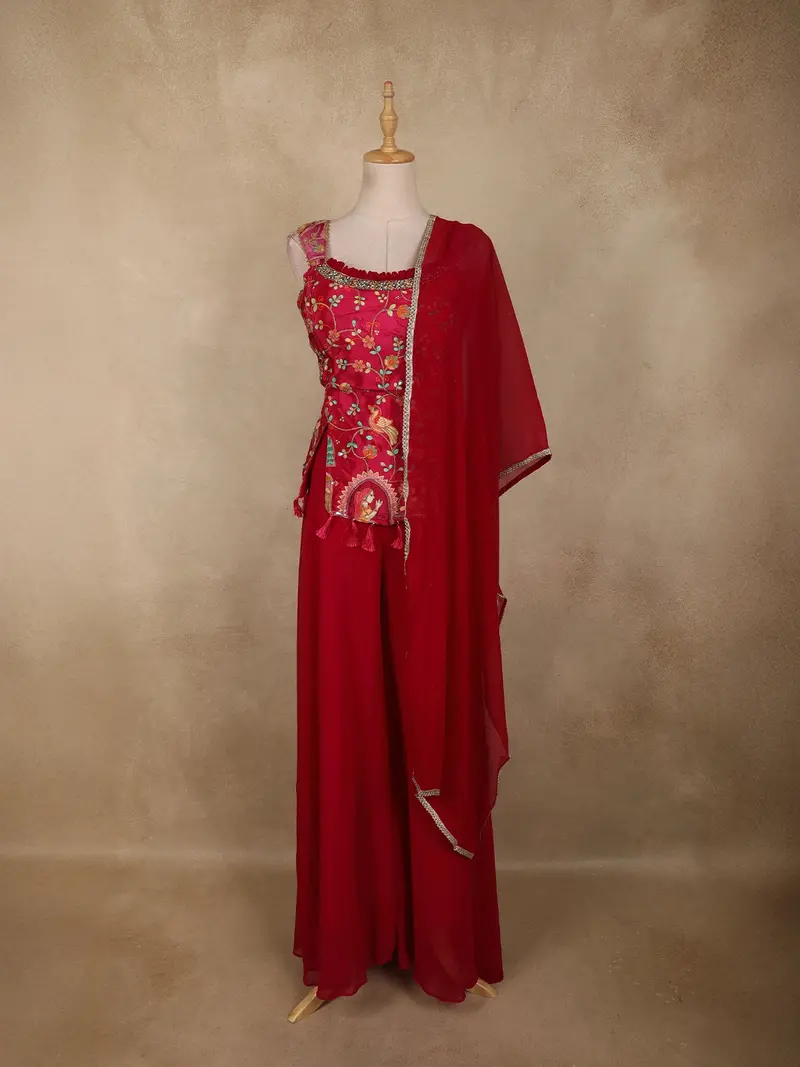 Rani Pink Floral Thread Embroidered Design Georgette Palazzo Suit With Dupatta 1