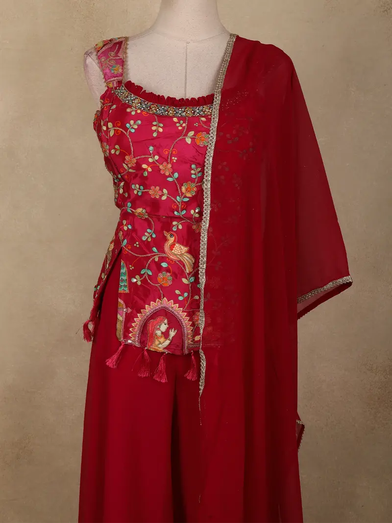 Rani Pink Floral Thread Embroidered Design Georgette Palazzo Suit With Dupatta 2