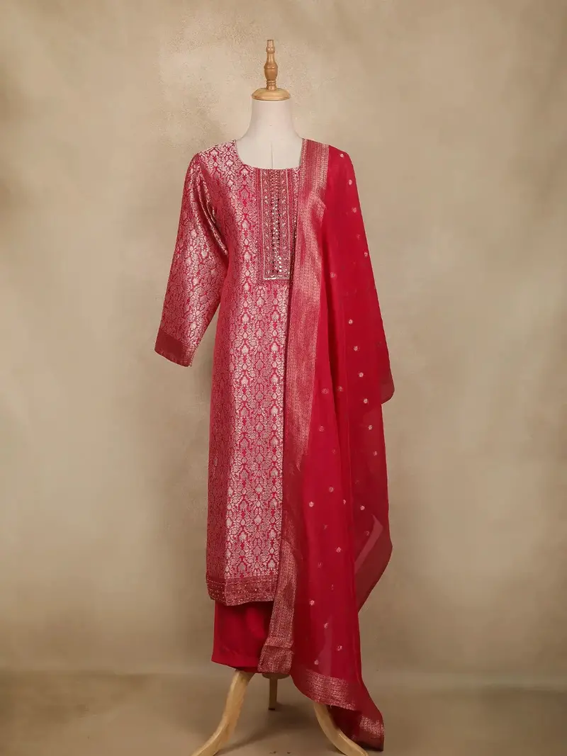 Rani Pink Floral Woven Design Banarasi Silk Salwar Suit 1