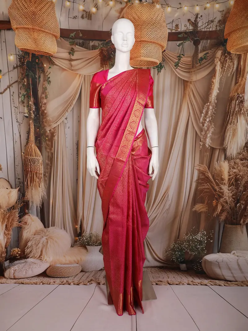 Rani Pink Floral Woven Design Pure Kanchipuram Silk Saree 1