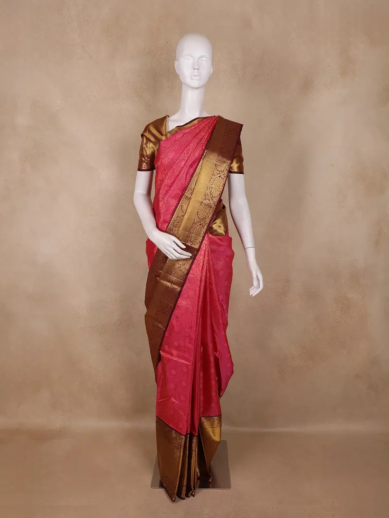 Rani Pink Floral Woven Design Pure Kanchipuram Silk Saree With Contrast Brown Zari Border 1