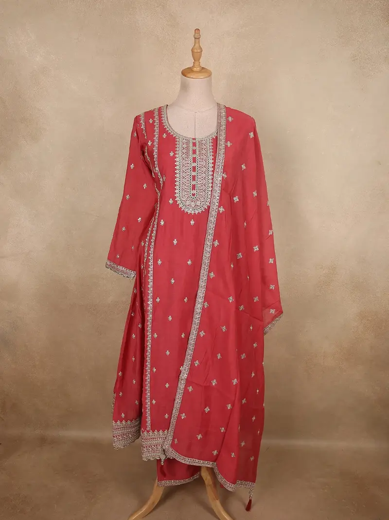 Rani Pink Floral Zari Embroidered Design Georgette Salwar Suit With Dupatta 1