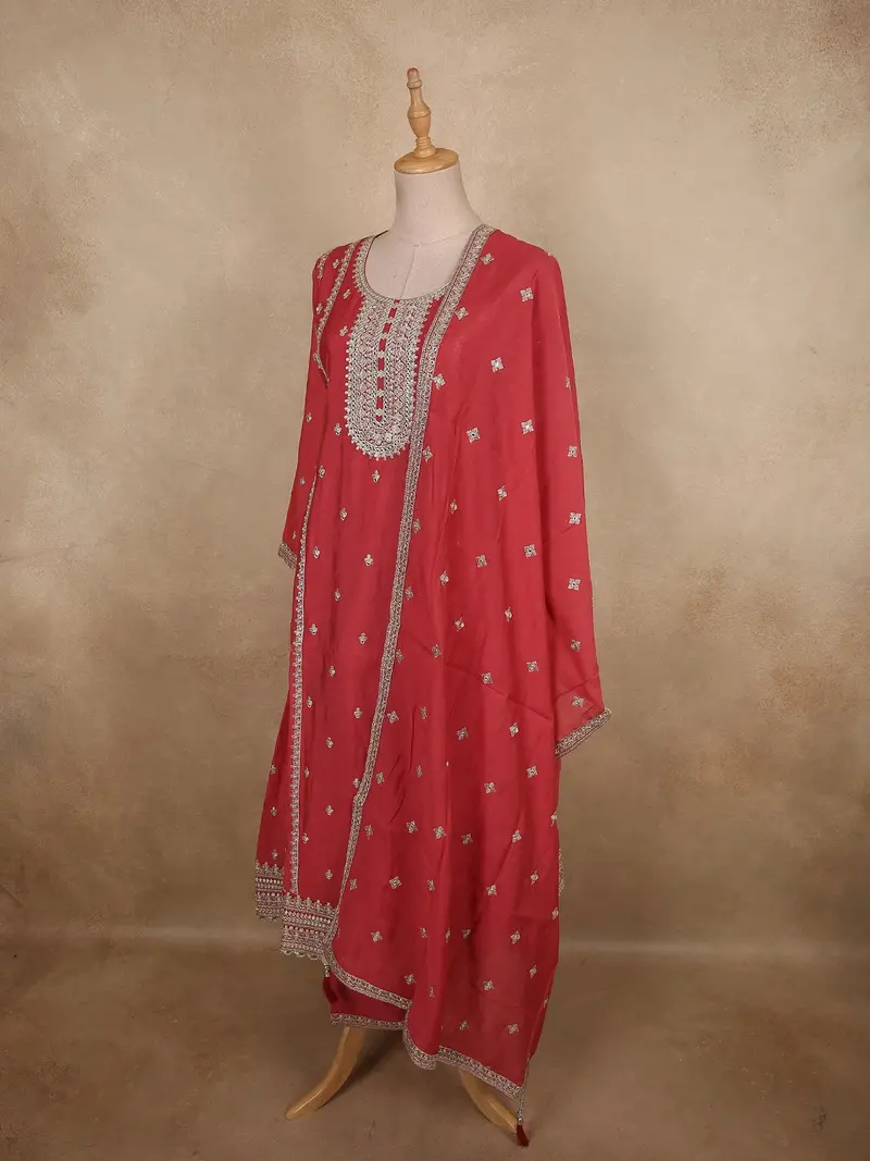 Rani Pink Floral Zari Embroidered Design Georgette Salwar Suit With Dupatta 3