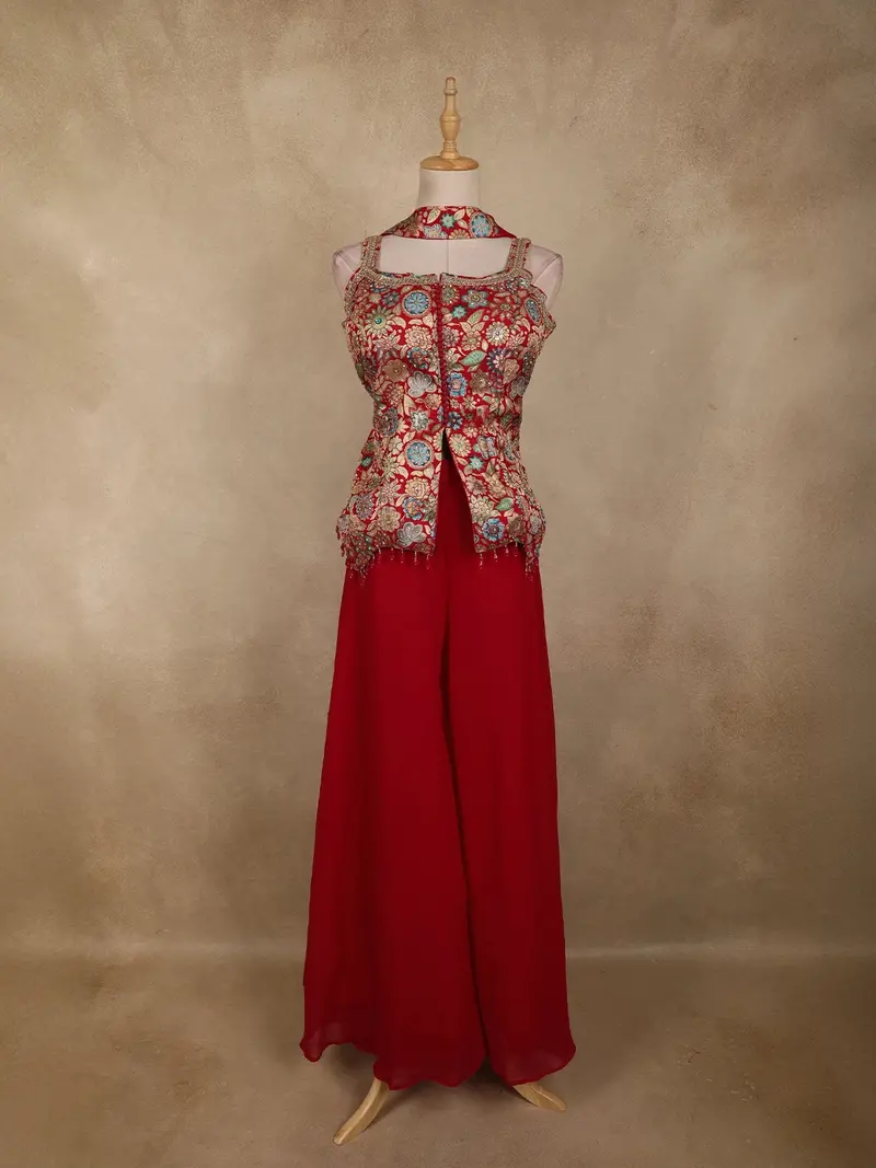 Rani Pink Floral Zari Woven Design Georgette Palazzo Suit With Dupatta 1