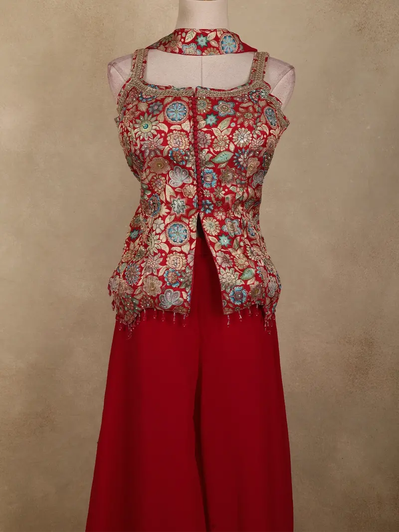 Rani Pink Floral Zari Woven Design Georgette Palazzo Suit With Dupatta 2