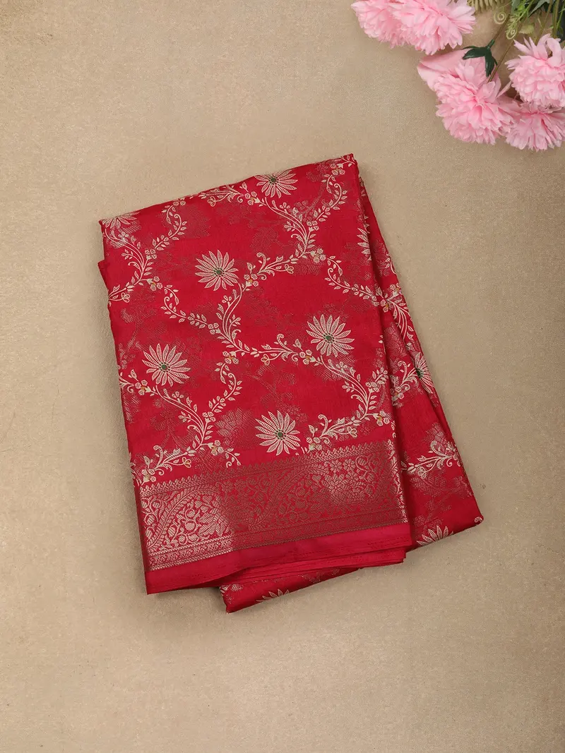 Rani Pink Floral Zari Woven Design Mixed Cotton Saree With Floral Zari Border 1