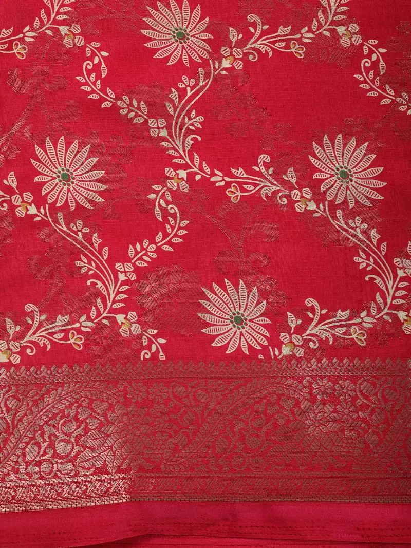 Rani Pink Floral Zari Woven Design Mixed Cotton Saree With Floral Zari Border 2