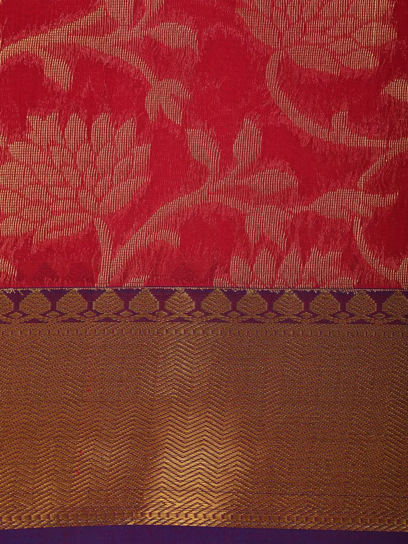 Rani Pink Floral Zari Woven Design Silk Cotton Saree With Contrast Border 2
