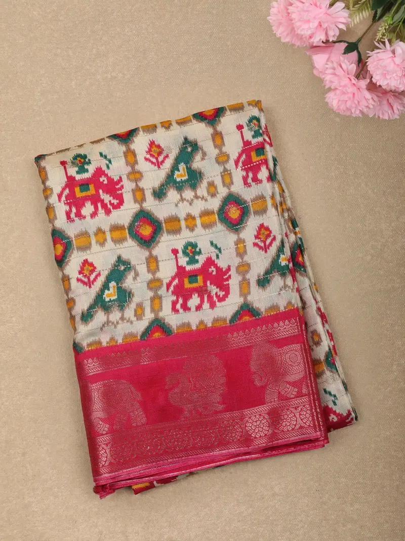 Rani Pink Geometric Ikat-Inspired Design Crepe Saree With Ornamental Zari Woven Border 1