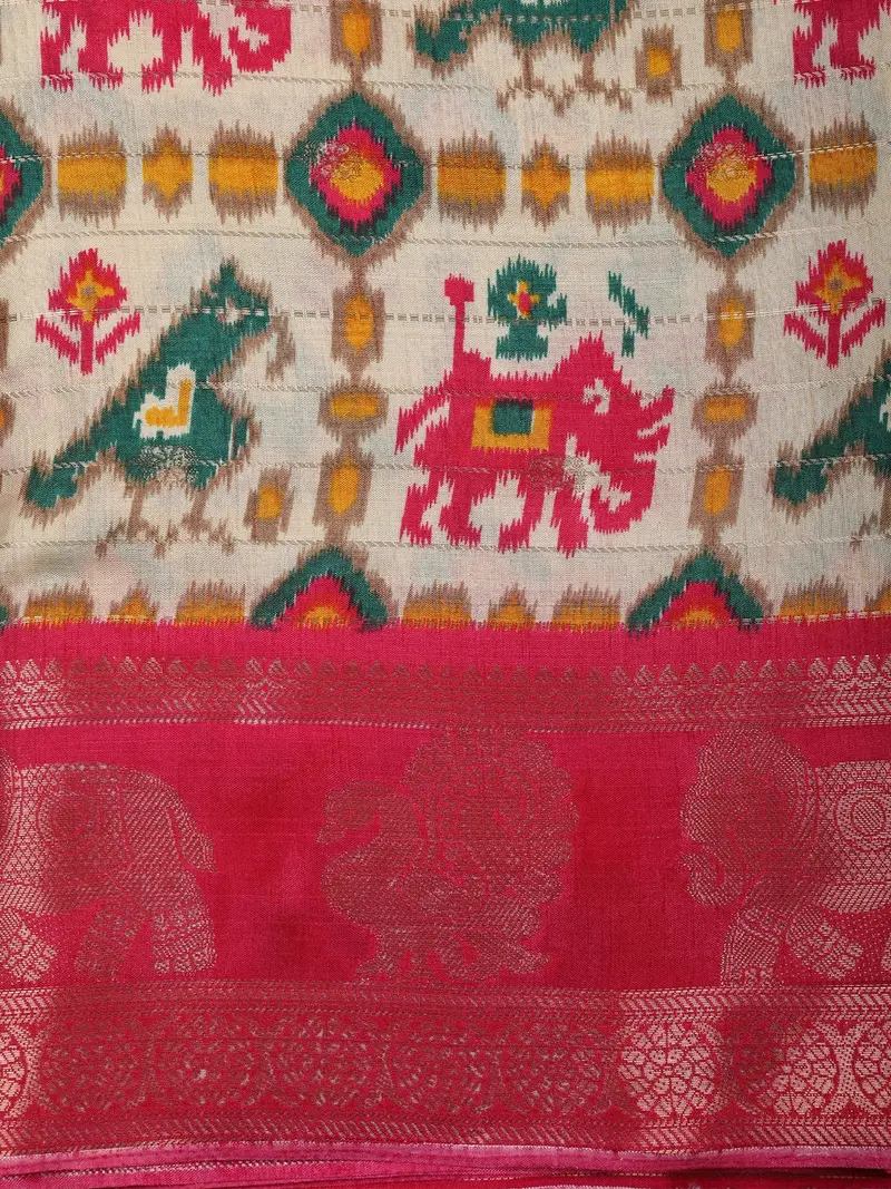 Rani Pink Geometric Ikat-Inspired Design Crepe Saree With Ornamental Zari Woven Border 2