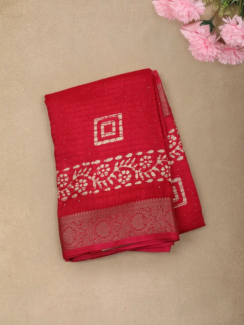 Rani Pink Geometric Printed And Sequins Design Linen Cotton Saree With Zari Border 1