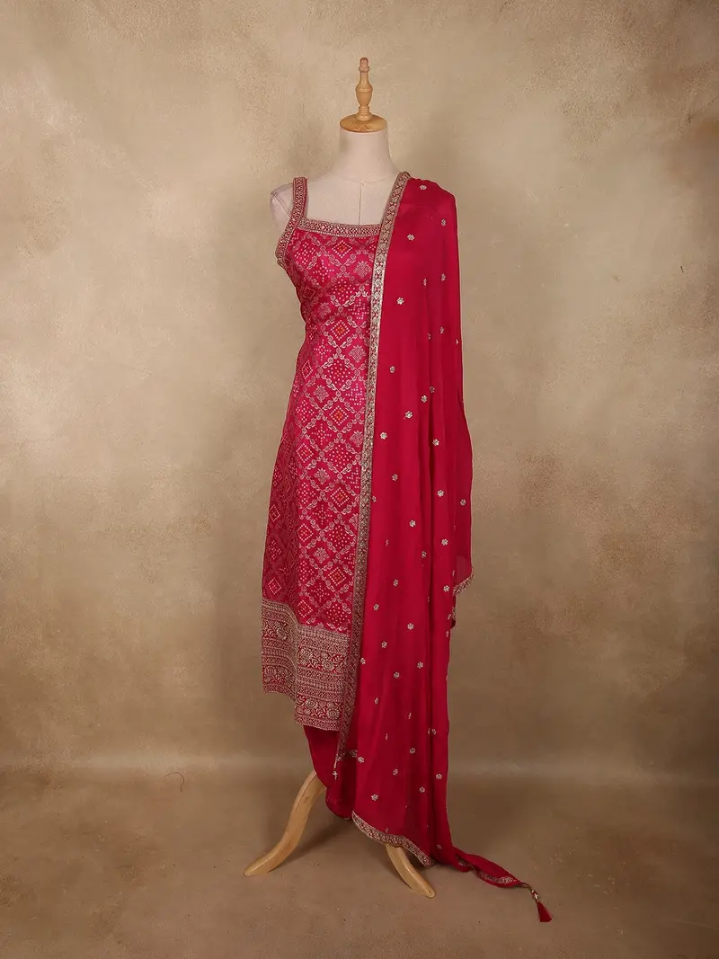 Rani Pink Geometric Zari Woven Design Banarasi Silk Palazzo Suit With Dupatta 1