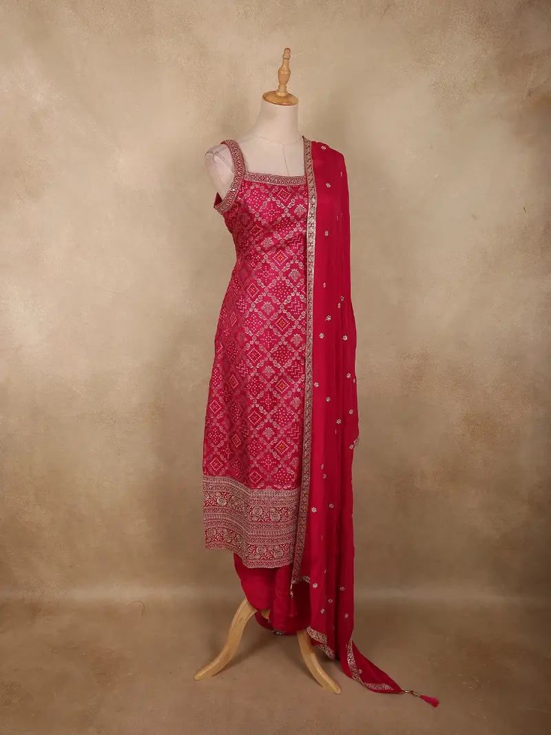 Rani Pink Geometric Zari Woven Design Banarasi Silk Palazzo Suit With Dupatta 3