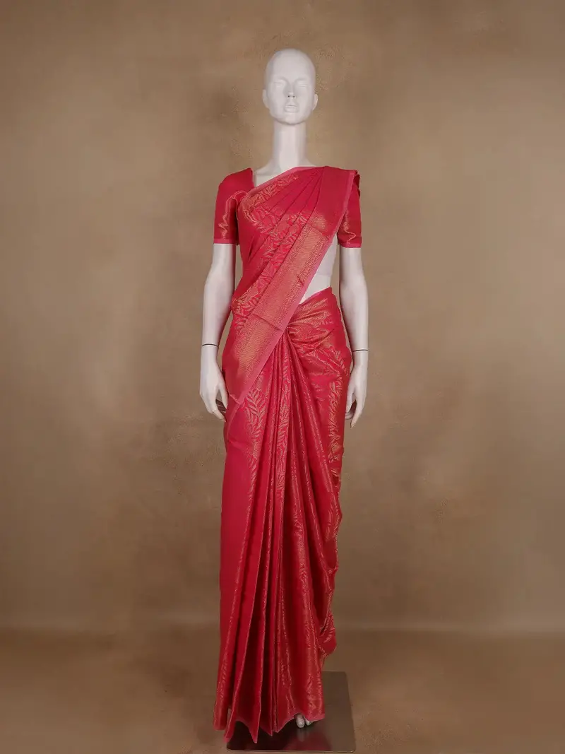 Rani Pink Leaf Motif Banarasi Silk Saree 1
