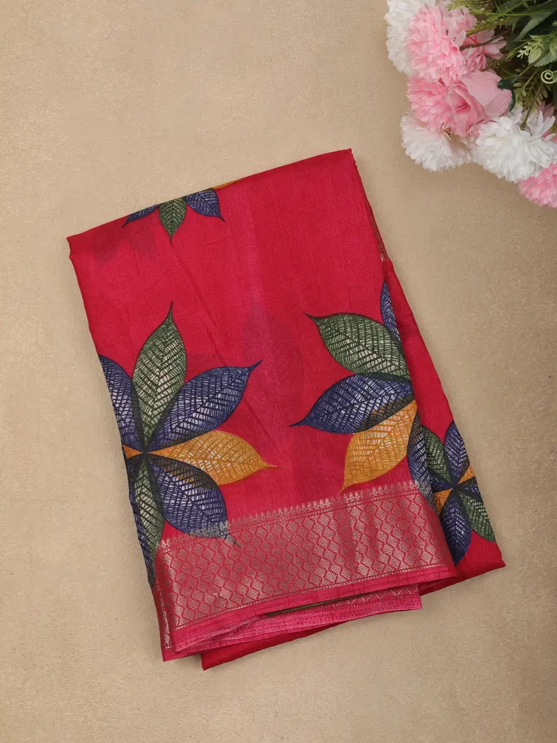 Rani Pink Leaf Printed Design Mixed Cotton Saree With Zari Border 1