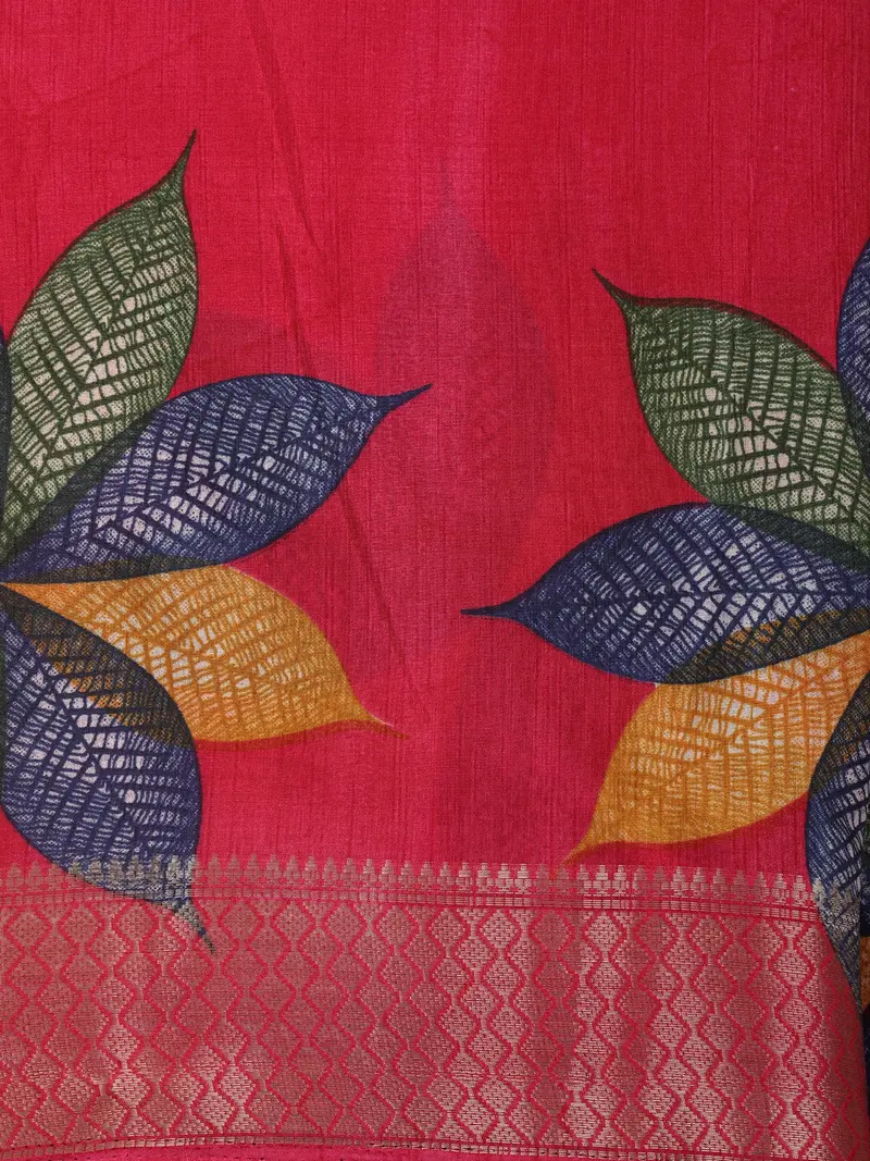 Rani Pink Leaf Printed Design Mixed Cotton Saree With Zari Border 2