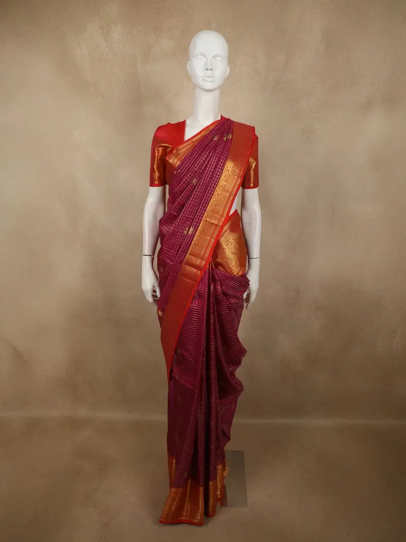 Rani Pink Magenta Mini Checked Zari Woven Design Pure Kanchipuram Silk Saree With Contrast Peacock Zari Border 1