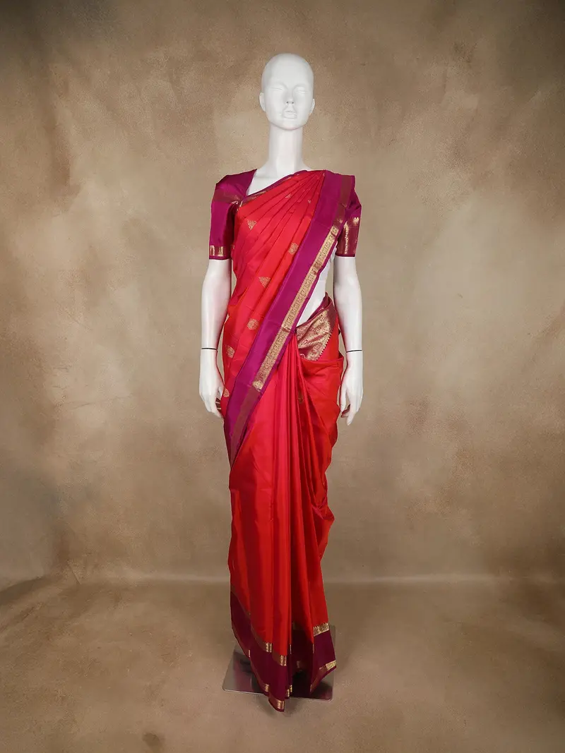 Rani Pink Paisley Butta Woven Design Pure Kanchipuram Silk Saree With Contrast Border 1
