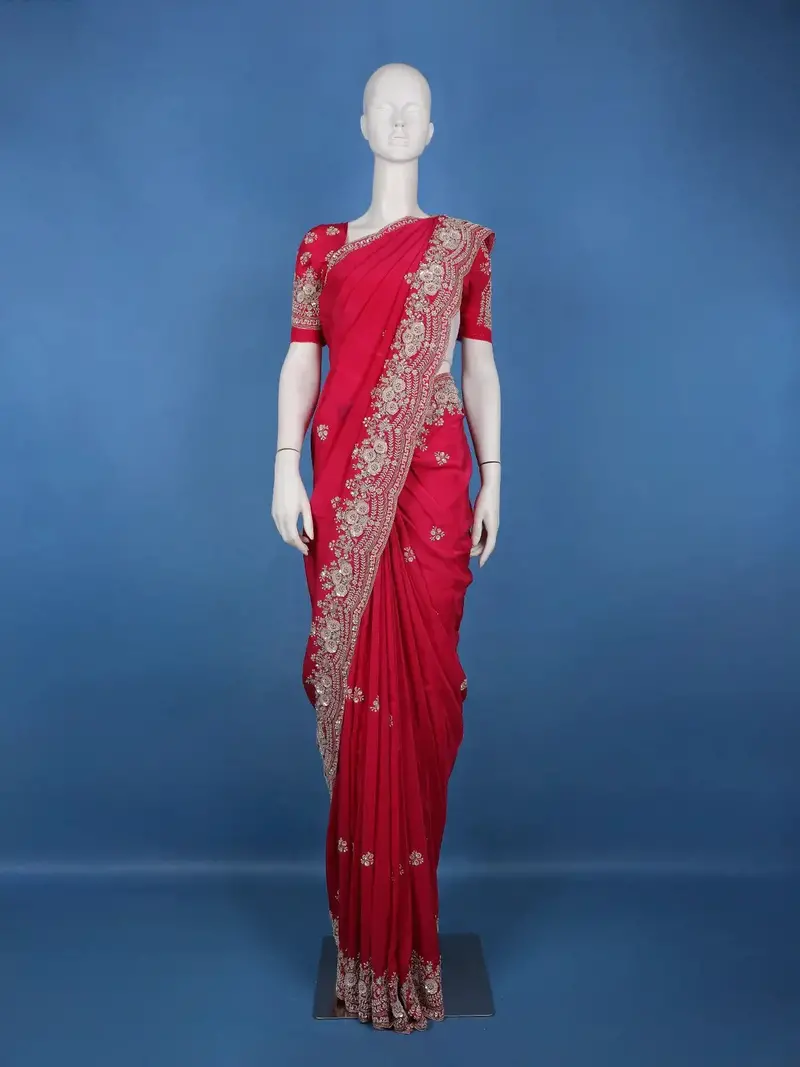 Rani Pink Sequin Design Stone Embellishment Satin Saree 1